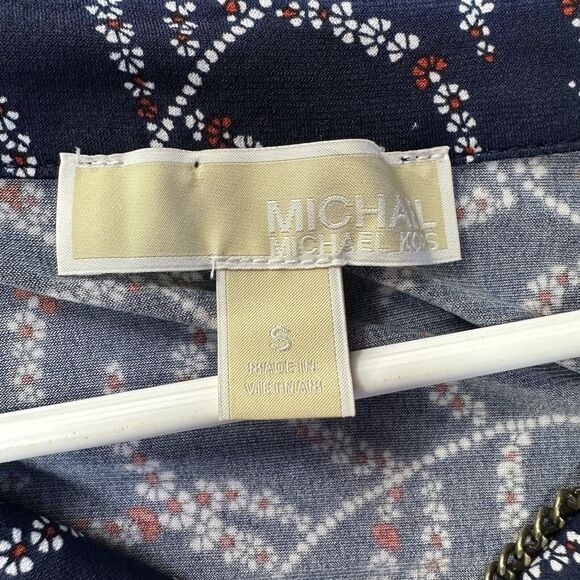 Michael Kors Peasant Blouse Small Navy Blue Floral Gold Chain Long Sleeve - Picture 5 of 9